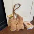 Bolso tote de hombro de algodón tejido de ganchillo casual para mujer, bolso de playa de malla. - Caqui