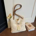 Bolso tote de ganchillo beige para mujer, elegante bolso de hombro de algodón con red. - Blanco Roto