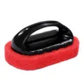 Handheld cleaning brush with black plastic handle and red scouring sponge pad for kitchen and bathroom. - Black