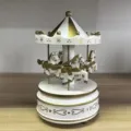 Classic white and gold carousel music box with conical top and little horses, perfect gift. - White with Gold Letters
