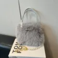 Grey plush handbag with pearl handle and gold chain, fuzzy furry shoulder bag for women daily. - Gray