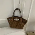 Vintage leopard print tote bag with brown leather handles and silver turn-lock closure for women. - No Pendant / Leopard Print
