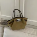 Retro suede tote bag for women, stylish brown shoulder handbag with metal lock and dual handles. - No Pendant / Khaki