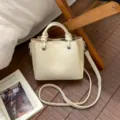 Cream leather bucket bag, stylish crossbody handbag with top handle and adjustable strap. - No Pendant / Off White