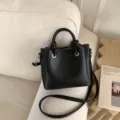 Stylish women's black leather bucket bag casual crossbody handbag with top handle variant. - No Pendant / Black