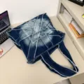 Large capacity denim tote bag for women, stylish frayed shoulder bag for daily commuting and school. - Dark Blue