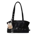 Black PU leather shoulder bag for women, stylish underarm bag with grommets and cute bear charm. - Black With Pendant