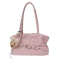 Pink PU leather shoulder underarm bag for women, casual tote handbag with cute plush dog charm. - Pink With Charm