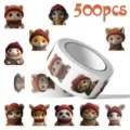 Detail view of cute plush animal stickers roll featuring various knitted hat designs for journaling. - 500 Sheets/Roll