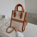 Women summer straw woven mini handbag stylish brown leather trim crossbody shoulder bag - Brown