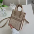 Stylish women woven mini crossbody bag summer straw shoulder bag cute phone purse casual daily - Khaki