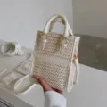 Women summer woven mini handbag elegant straw crossbody shoulder bag with leather trim and top handles - White