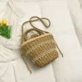 Khaki straw bucket bag with woven shoulder strap, stylish casual crossbody bag for women. - Khaki