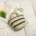 Chic straw woven bucket bag with blue stripes, stylish retro shoulder crossbody handbag for women - Blue