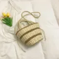 Vintage straw woven bucket bag, chic beige and brown striped shoulder crossbody handbag women. - White