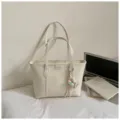 Simple large capacity white tote bag shoulder bag for women daily commuting student class - With Pendant / White