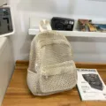 Beige mesh backpack, lightweight breathable summer beach bag, casual daily daypack for women. - Off White