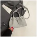 Grey textured bucket bag for women, stylish niche design shoulder bag with belt and handle. - No Pendant / Gray