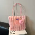 Pink fluffy plush tote bag for women, large capacity shoulder handbag with cute furry charm. - Pink With Pendant