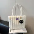 Fluffy plush tote bag for women, large capacity winter shoulder bag with cute fluffy charm. - White With Pendant