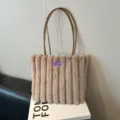 Fluffy plush tote shoulder bag for women, large capacity winter handbag in khaki. - Tan Without Charm