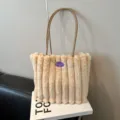 Fluffy plush tote bag for women, cozy winter shoulder bag with vertical pleats and chic strap. - Khaki Without Charm