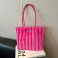 Pink plush tote bag fluffy shoulder bag casual furry handbag for women daily commuting - Rose Red Without Pendant