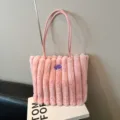 Pink furry tote bag, fluffy plush shoulder bag for daily commute, soft winter handbag design. - Pink Without Pendant