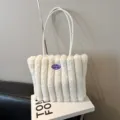White fluffy tote bag with vertical stripes and double shoulder straps for women and daily use. - White Without Pendant