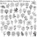 50 pcs black and white botanical plant PET stickers for scrapbooking laptop case decor - 50Pcs Black and White Botanical