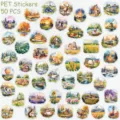 Waterproof PET stickers set with 50pcs cute watercolor landscape and animal designs for DIY craft. - 50 Sheets of Pastoral Scenery