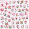 PET waterproof flower stickers set, 50pcs pink floral decorative decals for journal laptop. - 50 Sheets Pink Flowers