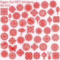 Paper-cut style red PET stickers set, waterproof DIY decorative decals for journal phone. - 50Pcs New Year Window Grilles