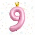 Close-up of 40 inch pink number foil balloon with gold crown for kids birthday party. - Pink Crown Number Balloon 9