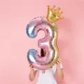Gradient number 3 foil balloon with golden crown for kids birthday party decoration supplies. - 32 Inch Rainbow Gradient Number 3 + 10 Inch Gold Crown