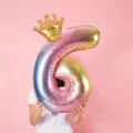 Gradient number 6 foil balloon with golden crown, ideal for kids birthday party scene decor. - 32 Inch Rainbow Gradient Number 6 + 10 Inch Gold Crown