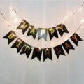 Birthday banner decoration set with fairy lights for kids party, black gold happy birthday bunting. - Black Happy Birthday Banner & 2 Warm White Light Strings (Includes Batteries)