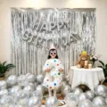 Birthday party decoration set with silver rain silk curtain and foil letter balloons for kids. - Silver Series