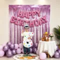 Birthday party decoration set with fringe curtain, foil letter balloons and colorful latex balloons. - Pinkish
