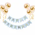 Birthday banner decoration set with blue swallowtail flags and gold confetti balloons. - Birthday Decor A1: Blue Banner & 6 Gold Sequin Balloons (incl. Ribbon)