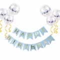 Birthday party decoration set with blue fishtail banner and silver confetti balloons. - Birthday Decor A2: Blue Banner & 6 Silver Sequin Balloons (incl. Ribbon)