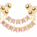 Pink birthday banner and confetti balloons set for kids party decoration and celebration. - Birthday Decor B2: Pink Banner & 6 Gold Sequin Balloons (incl. Ribbon)