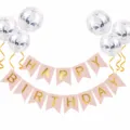 Pink birthday banner variant with gold letters, sequin balloons and ribbon for party decor. - Birthday Decor B2: Pink Banner & 6 Silver Sequin Balloons (incl. Ribbon)