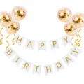 Birthday party decoration set with white swallowtail banner and gold confetti balloons. - Birthday Decoration C1: White Banner & 6 Gold Sequin Balloons (Includes Ribbon)