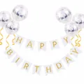 Birthday party decoration set with white swallowtail banner and silver confetti balloons for kids - Birthday Decoration C2: White Banner & 6 Silver Sequin Balloons (Includes Ribbon)