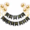 Birthday party decoration set featuring black banner pull flags and gold confetti balloons for events. - Birthday Decoration D1: Black Banner & 6 Gold Sequin Balloons (Includes Ribbon)