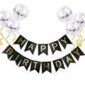 Birthday party decoration set with black banner and silver confetti balloons for kids celebration. - Birthday Decoration D1: Black Banner & 6 Silver Sequin Balloons (Includes Ribbon)