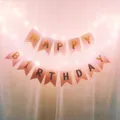 Pink happy birthday banner garland set for kids party decoration, hanging pennant with warm lights. - Pink Happy Birthday Banner & 2 Warm White Light Strings (Includes Batteries)