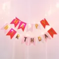 Birthday banner party decoration pink red gold letters hanging garland for kids celebration - Rose Pink & White Happy Birthday Banner & 2 Warm White Light Strings (Includes Batteries)