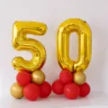 50th birthday balloon decoration set with gold number balloons and red and gold latex balloons. - 50th Birthday Gold Number Balloon Column